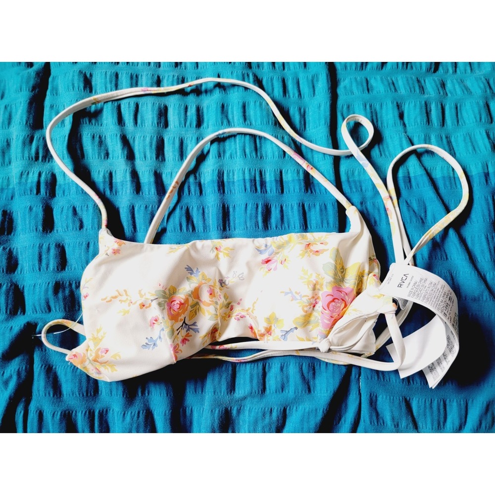 RVCA XS String Bikini Tie Back Bikini Top Shelf Bra Style W/Strap Tan Floral NEW
